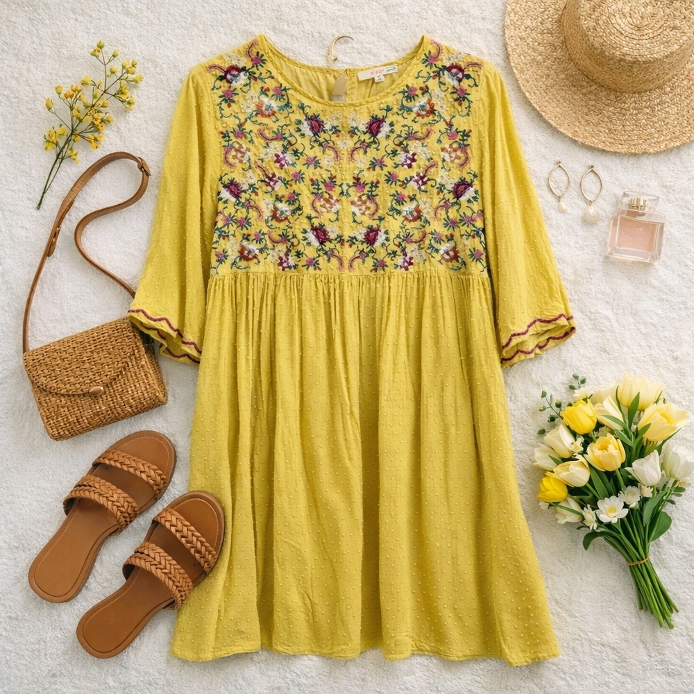 Orange Creek Mustard Yellow Floral Embroidery S Sleeve Lined Midi Dress. Size M